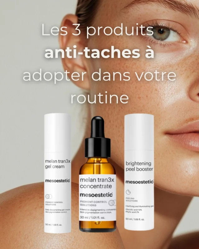 Les Must Have à intégrer à votre routine beauté ✨- La crème melan tran3x qui agit progressivement sur les taches épidermiques pour apporter un teint de peau plus homogène.- Le sérum anti-taches melan tran3x est un concentré dépigmentant intensif qui agit sur la surpigmentation épidermique, et atténue visiblement les taches brunes.- Le brightening peel booster qui combat le teint irrégulier, les imperfections pigmentaires et le teint terne.#mesoestetic #solutionsantitaches #taches #tachespigmentaires #melasma